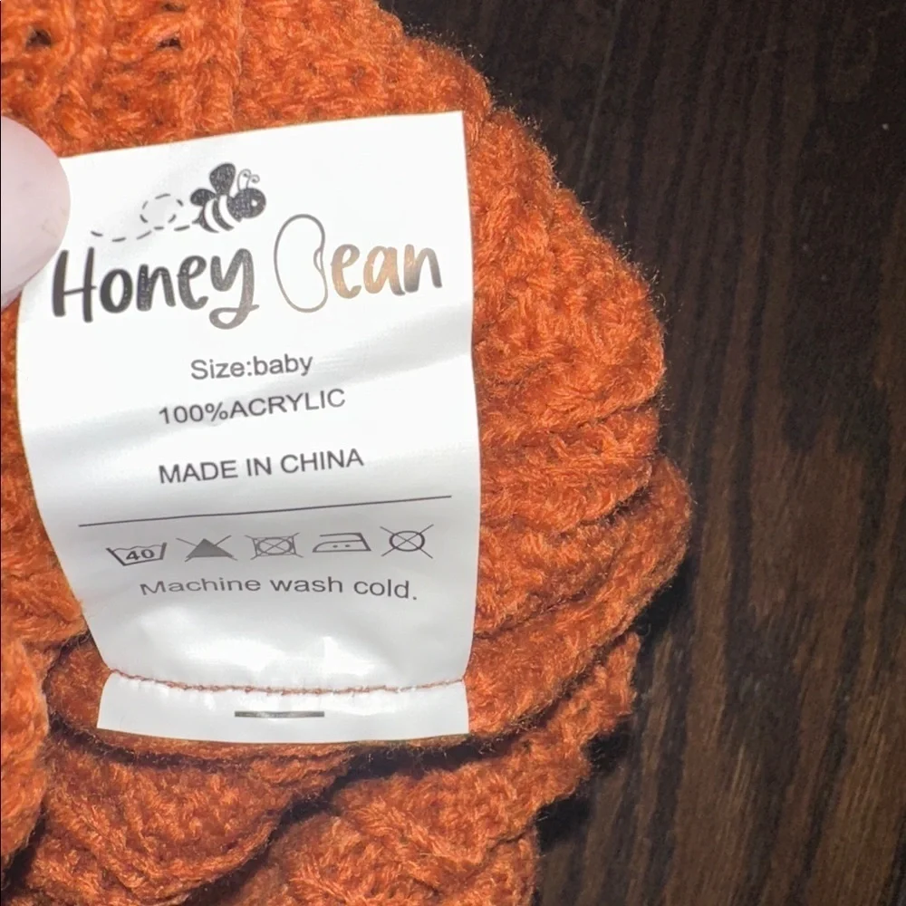 Honey Bean rust brown Orange Knit Beanie with Faux Fur Pom for baby